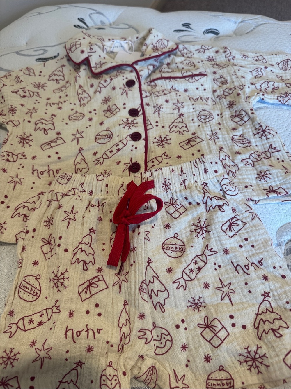 Cinnamon Baby Cream & Burgundy Holiday Pajama Set